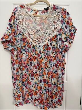 Lace-Yoke Floral Blouse in Cream with Orange & Pink Accents